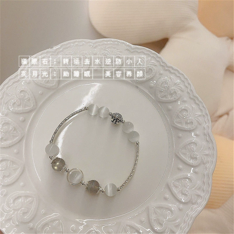 Brand silver bracelet for beloved with rhinestones for men and women, cat's eye, moonstone