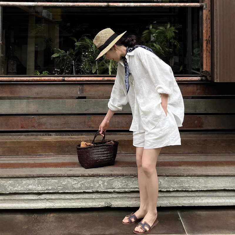 Old Money Style Linen Shirt Set for Women, Summer Casual Loose Simple High-End Cotton-Linen Shirt and Shorts Two-Piece Set