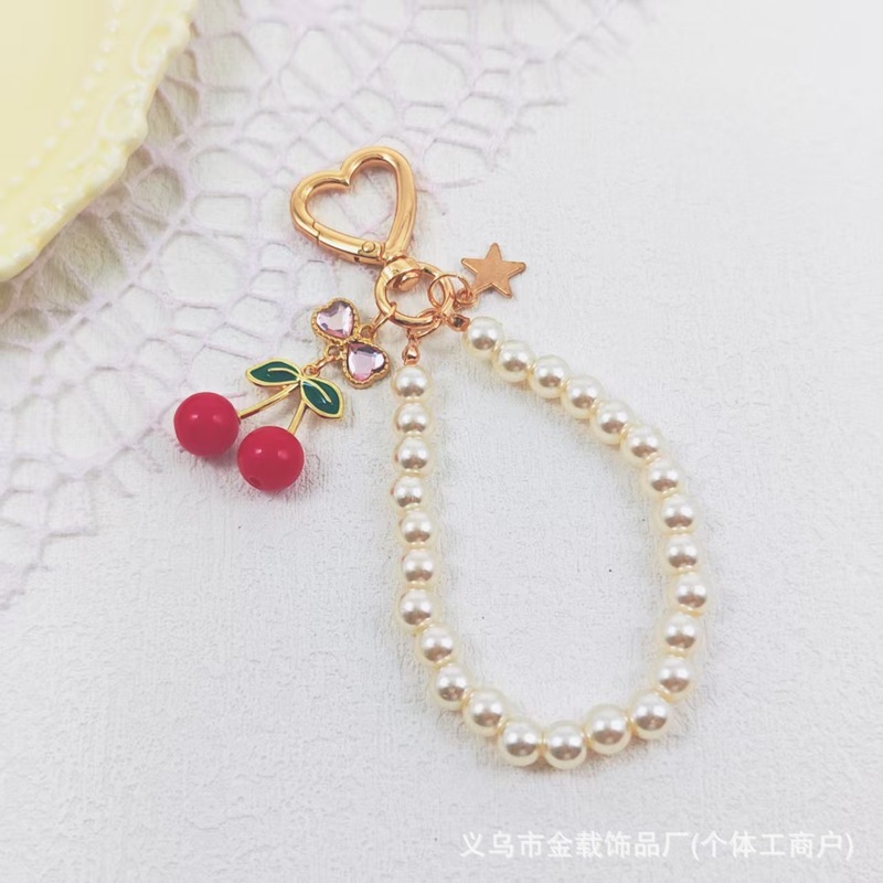 韩版ins珍珠蝴蝶结钥匙扣 少女樱桃树脂精致包包挂件汽车挂饰现货|undefined
