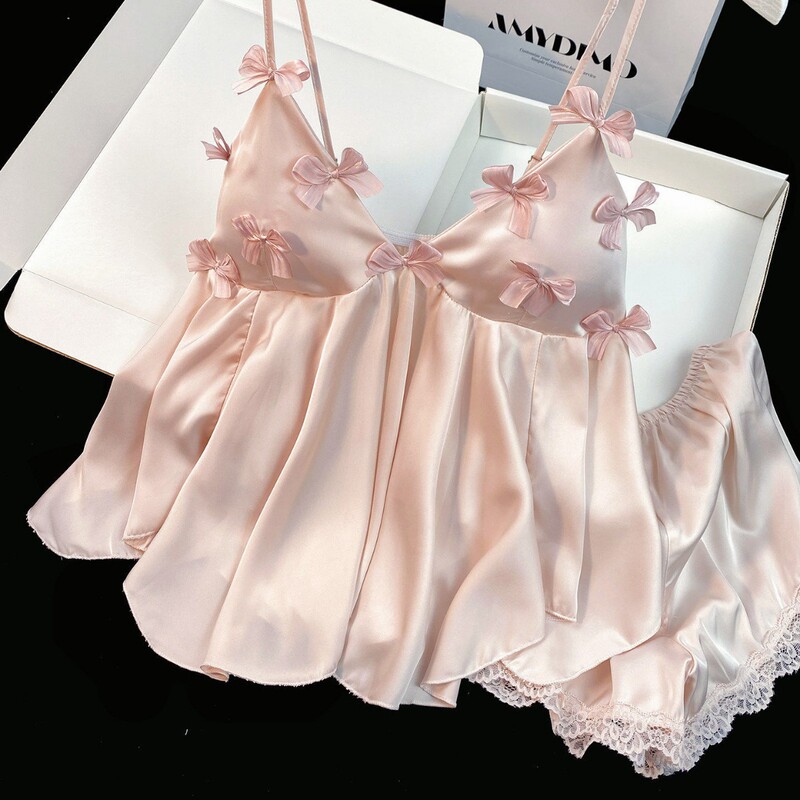 Internet Celebrity Ice Silk Women's Sexy Camisole Shorts Pajama Set Summer Bowknot Spring and Autumn Ice Silk Loungewear Internet Celebrity Ice Silk Women's Sexy Camisole Shorts Pajama Set Summer Bowknot Spring and Autumn Ice Silk Loungewear