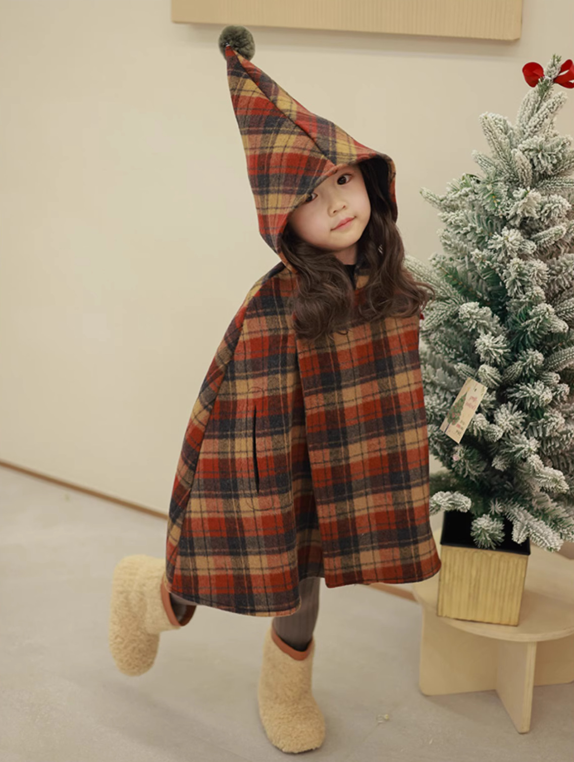 Kinderkleidung Mädchen Herbst und Winter neue Kinder spitzer Hut karierter Baumwollclip dicker Wollmantelumhang_voghion.com