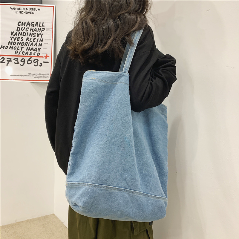 2026 New Hong Kong Style Ins Fashion Denim Tote Shopping Bag Girl's Shoulder Bag Large Capacity Student Backpack