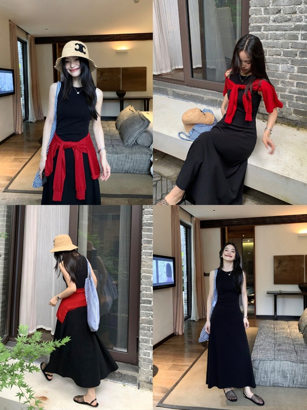 pusumede 黑色圆领针织背心连衣裙女夏季设计感收腰显瘦气质长裙|undefined
