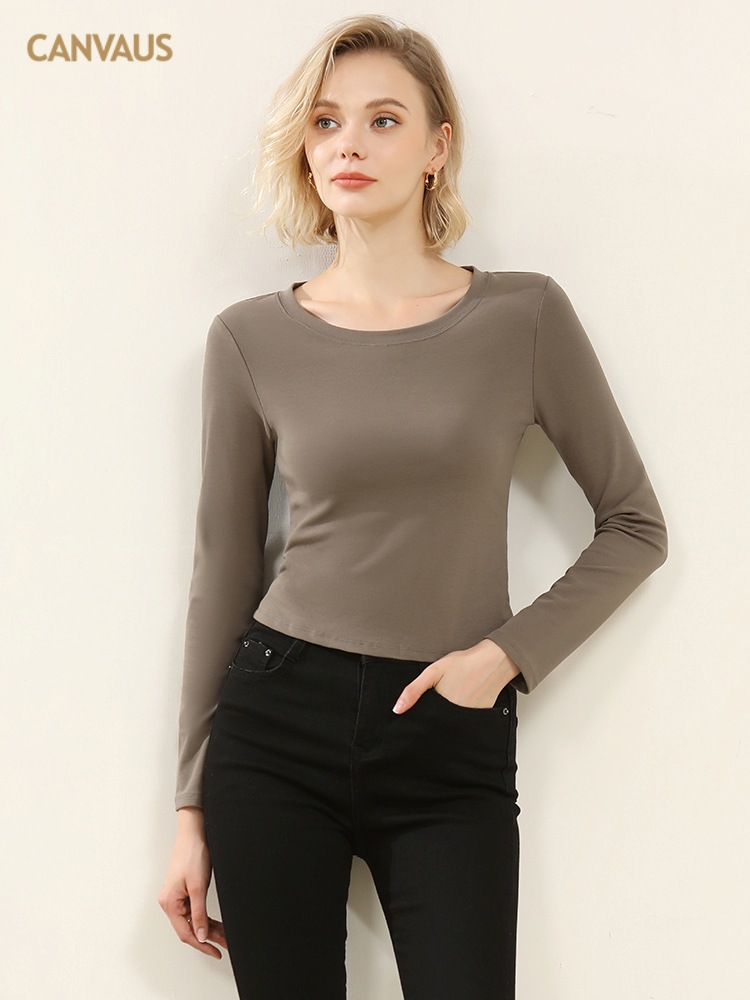 Ropa de Otoño e Invierno para mujer nueva camisa de fondo estilo coreano Cuello redondo para mujer Slim fit adelgazamiento color sólido Algodón elástico desgaste exterior interior superior