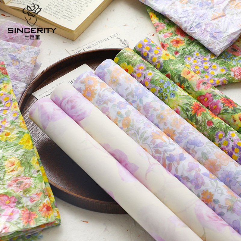 Papel de pera de siete colores, color de aceite, floral 38g, papel de fondo grueso, papel de revestimiento interior, papel amasado a mano, ramo de papel de regalo de flores