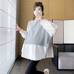 2024 spring clothes quality new maternity clothes fake two-piece stitching shirt fashion trendy mom casual T-shirt