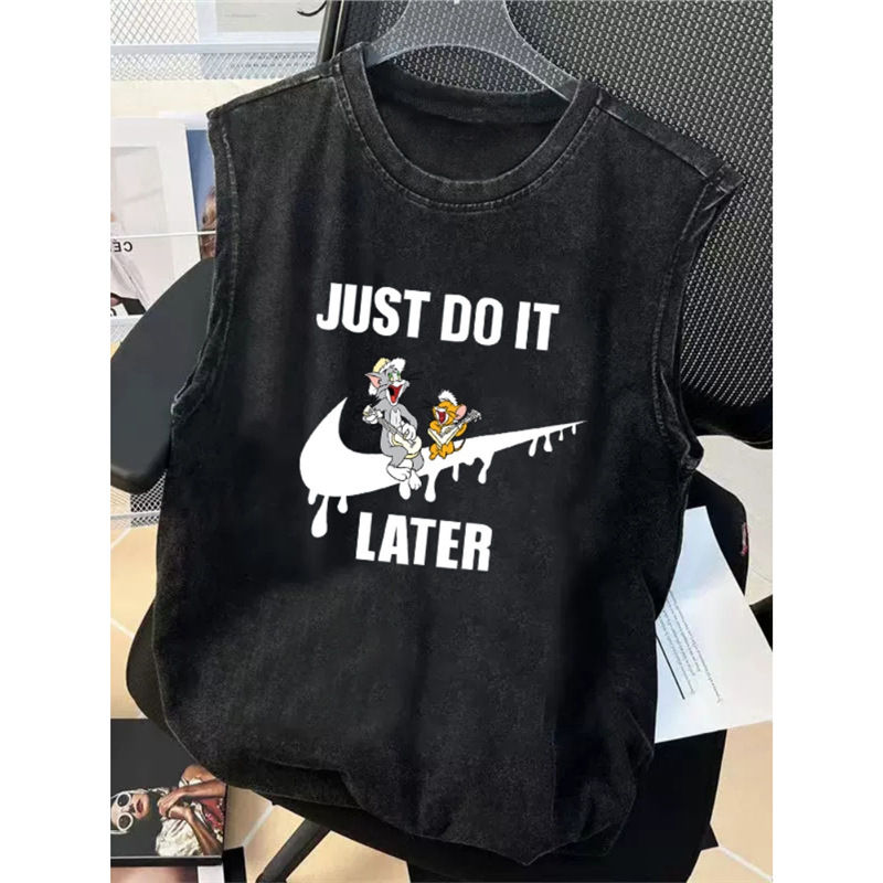 Trendy Brand Summer 2024 New Pure Cotton Washed Vest Men's Sleeveless T-Shirt Shoulder Loose Cartoon Hong Kong Style Retro Trendy