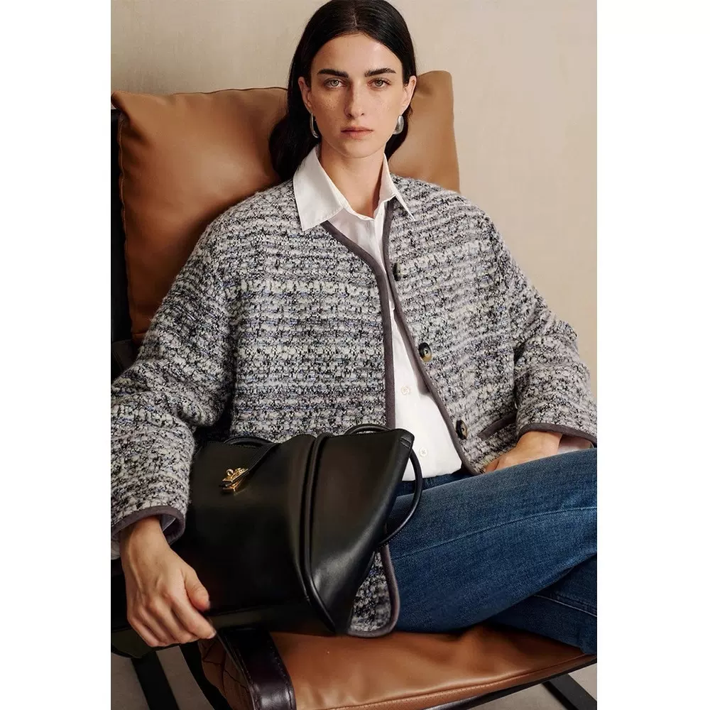 四媛 花式羊毛粗花呢V领长袖宽松百搭小香风外套女25冬季新款1081