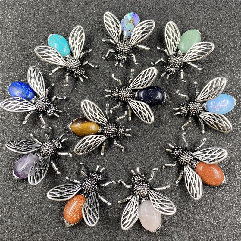 20g Weight Agate Material Polishing Design White, Purple, Blue, Gold Color Little Bee Inlaid Gemstone Necklace Brooch Accessories Corsage 无