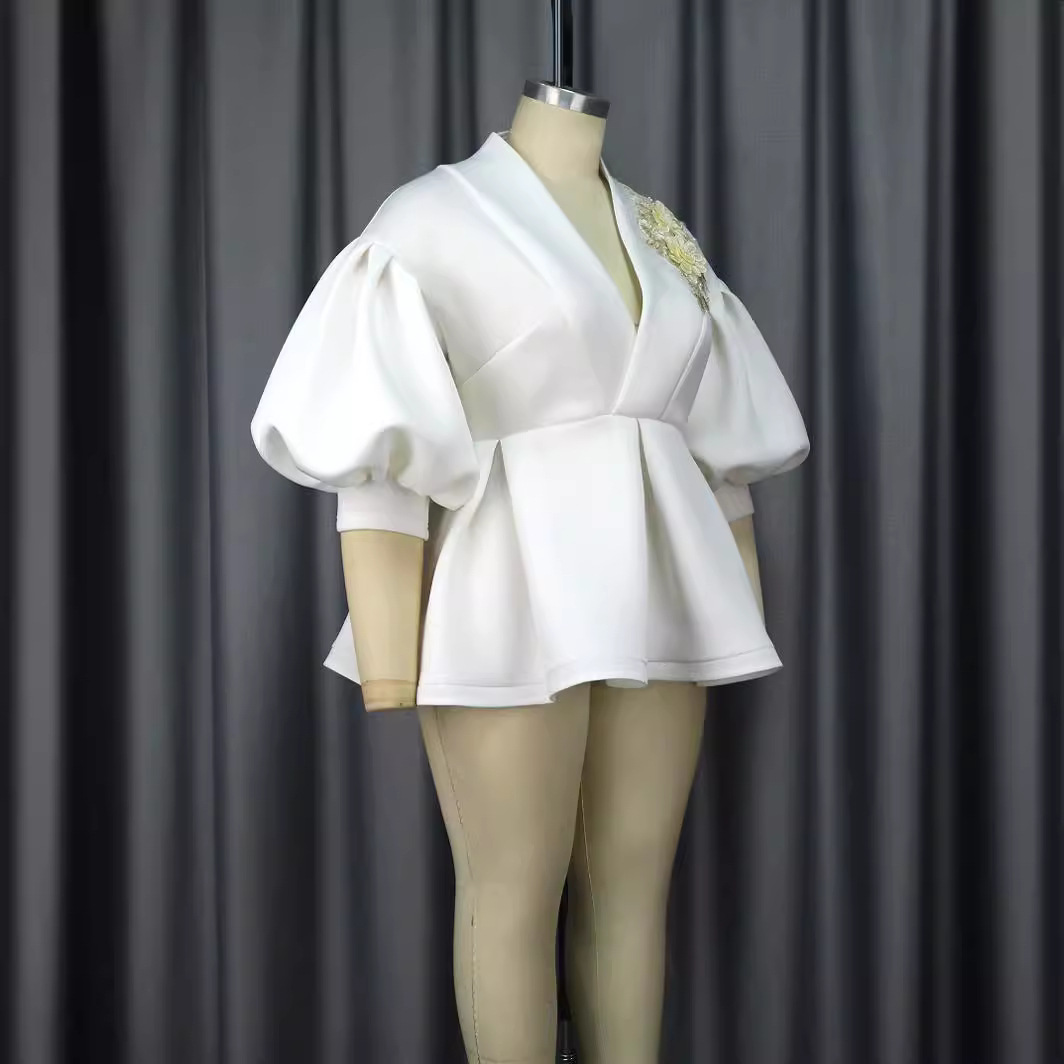 Women's Clothing AM030439 New Lantern Sleeve Tops Large Size Temperament Style Suit Collar Embroidery Women's Tops_voghion.com