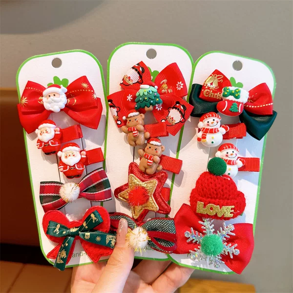 2025 New Children's Christmas Hair Accessories Santa Claus Christmas Tree Elk Hairpin Holiday Side Hairpin Five-Piece Set