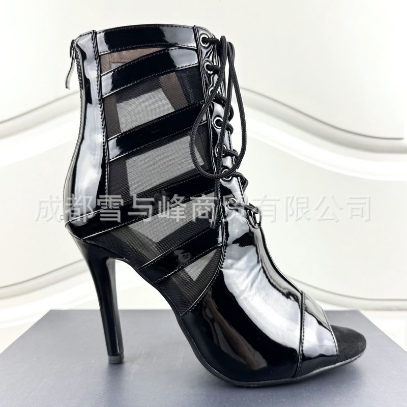 Fish Mouth Sandals Summer Lace-Up Patent Leather Mesh Stiletto High Heels Hollow Short Boots Jazz Dance High Heels Open Toe Sandals