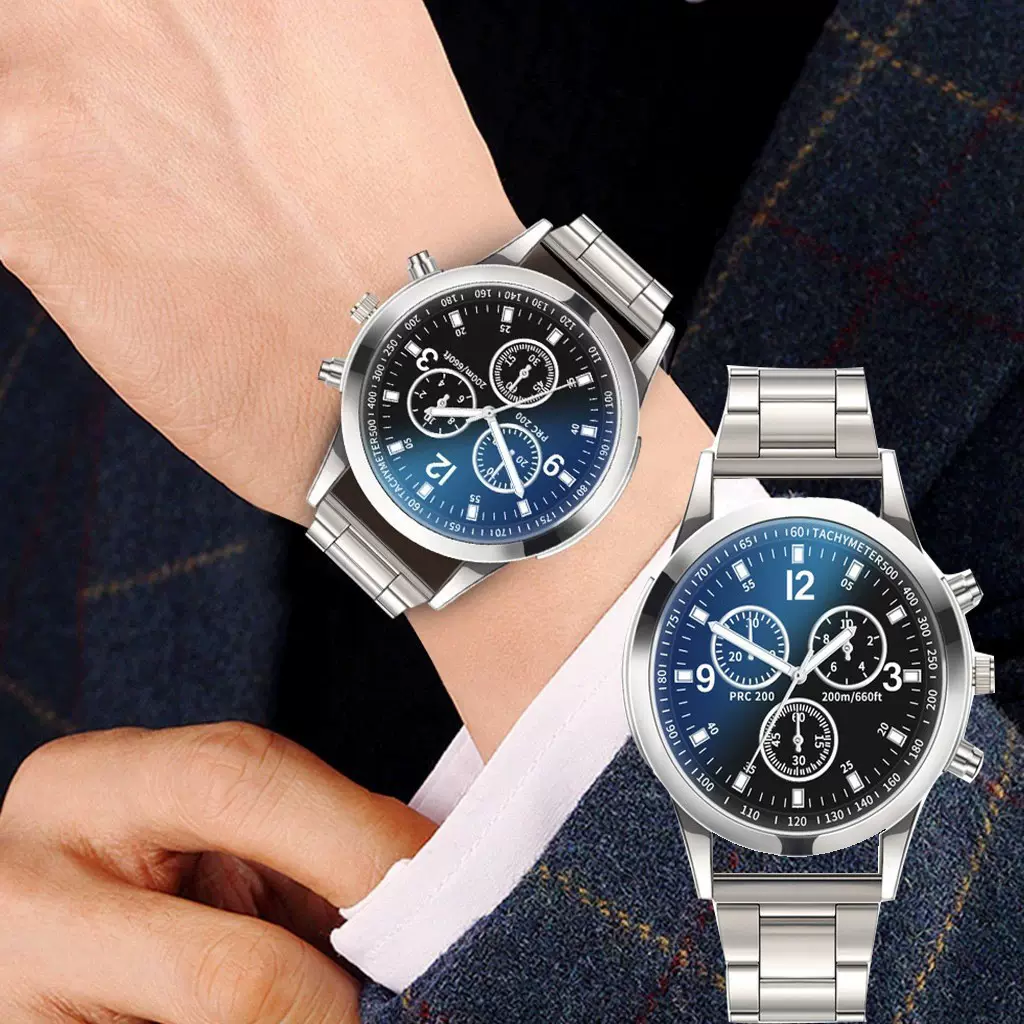 爆款跨境炫彩蓝光玻璃三眼钢带手表 男 石英表礼品男士手表批发