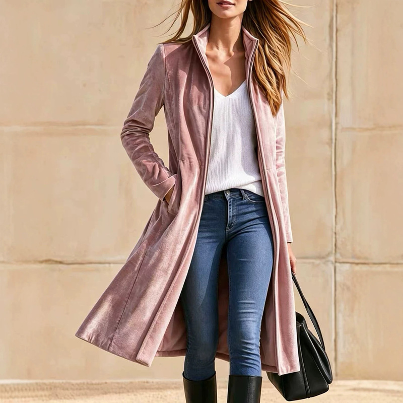 2026 Cross-Border European and American Velvet Stand-Collar Long Trench Coat for Women, Autumn Over-The-Knee Zip-Up Jacket, Vintage Velvet Coat 2026 Cross-Border European and American Velvet Stand-Collar Long Trench Coat for Women, Autumn Over-The-Knee Zip-Up Jacket, Vintage Velvet Coat