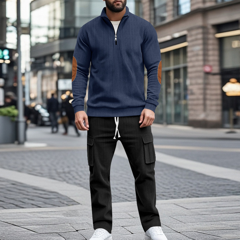 Men's Corduroy Quarter-zip Pullover And Trousers Lounge Set_voghion.com