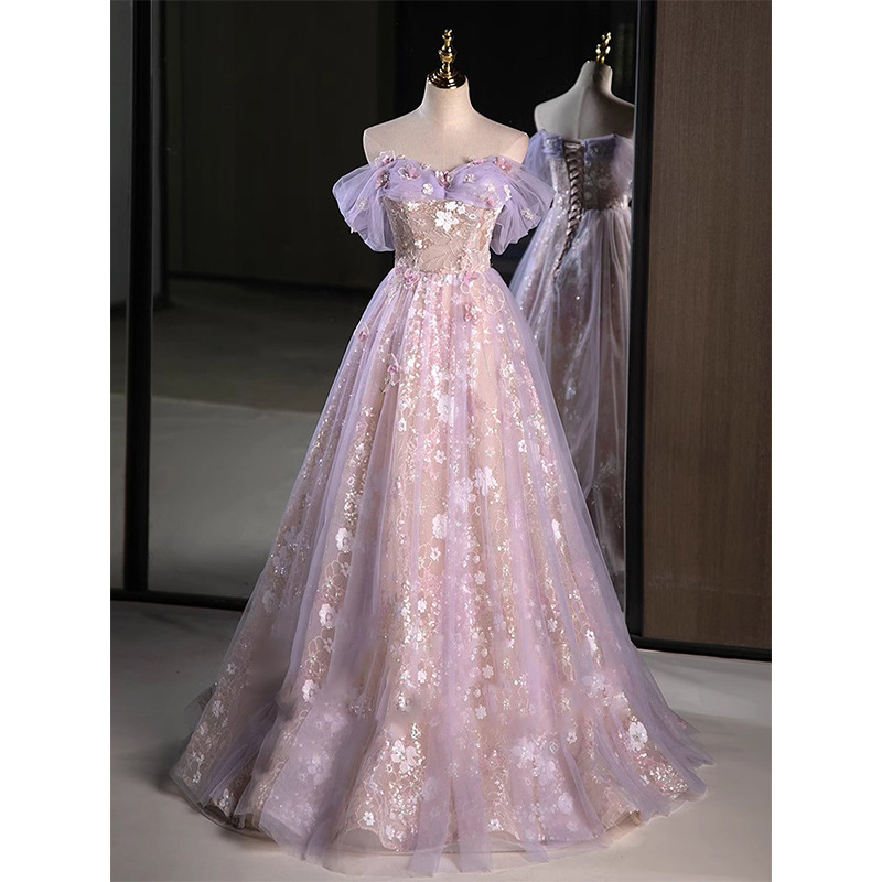 Vestido de noche femenino de alto nivel de música vocal estudiante bar mitzvah púrpura princesa fugitiva compromiso vestido brindis novia