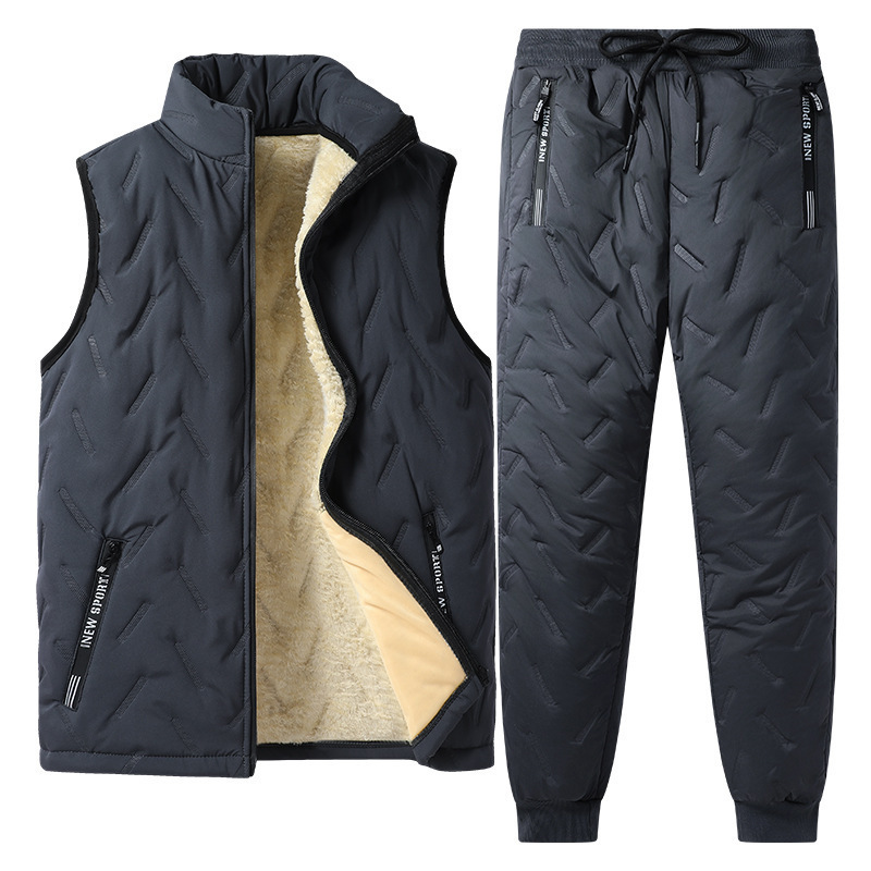 Transfronterizo de terciopelo y calentamiento de tres piezas de invierno de algodón de cordero grueso abrigo a prueba de viento y frío pantalones casuales