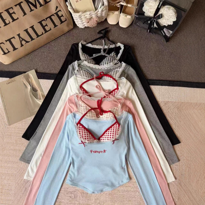 Bowknot Embroidered Fake Two-Piece Long Sleeve T-Shirt for Women, Autumn Slim Fit Sweet Hot Girl Plaid Halter Neck Inner Short Top