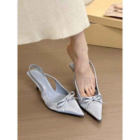 Beauty to aphasia! Pointed Satin Bow Top Empty Sandals Women's Spring Gentle High Heeled Shoes