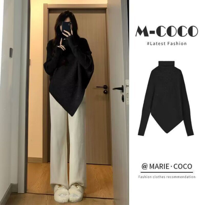 怠惰な風の不規則な高襟セーター2点セット春秋冬高級感塩系軽熟気質ミルク系着