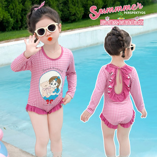 Girls Plaid One-Piece Swimsuit Summer 2025 New Style Small and Medium-Sized Kidsren's Baby Girl Quick-Drying Long-Sleeved Sweet Swimsuit