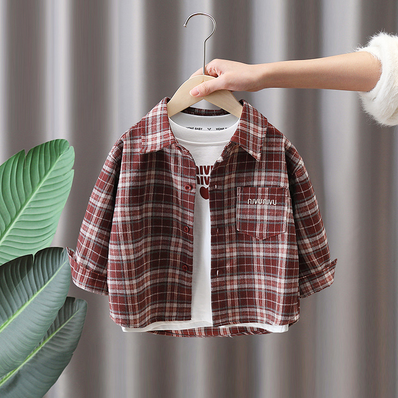 7632 Camisa roja para niños Primavera y otoño 2025 Nuevos niños Camisa coreana de manga larga Primavera Camisa a cuadros Primavera