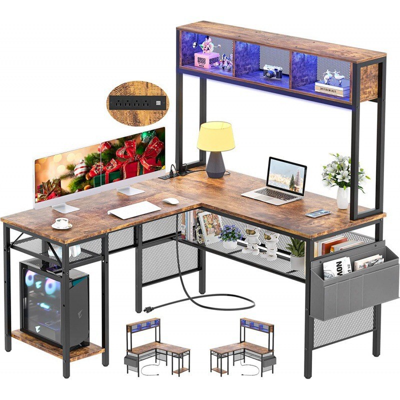 Cross-border dedicated steel wood structure L-type computer desk with LED bar and power socket office desk home study desk