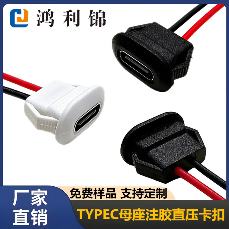 厂家直供type-c母座2p带线注胶防水直压便捷卡扣安装延长线连接器