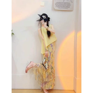 Уникальный топ без рукавов Miyake на пляже, полный набор нарядов OOTD, летний красивый костюм для юбки