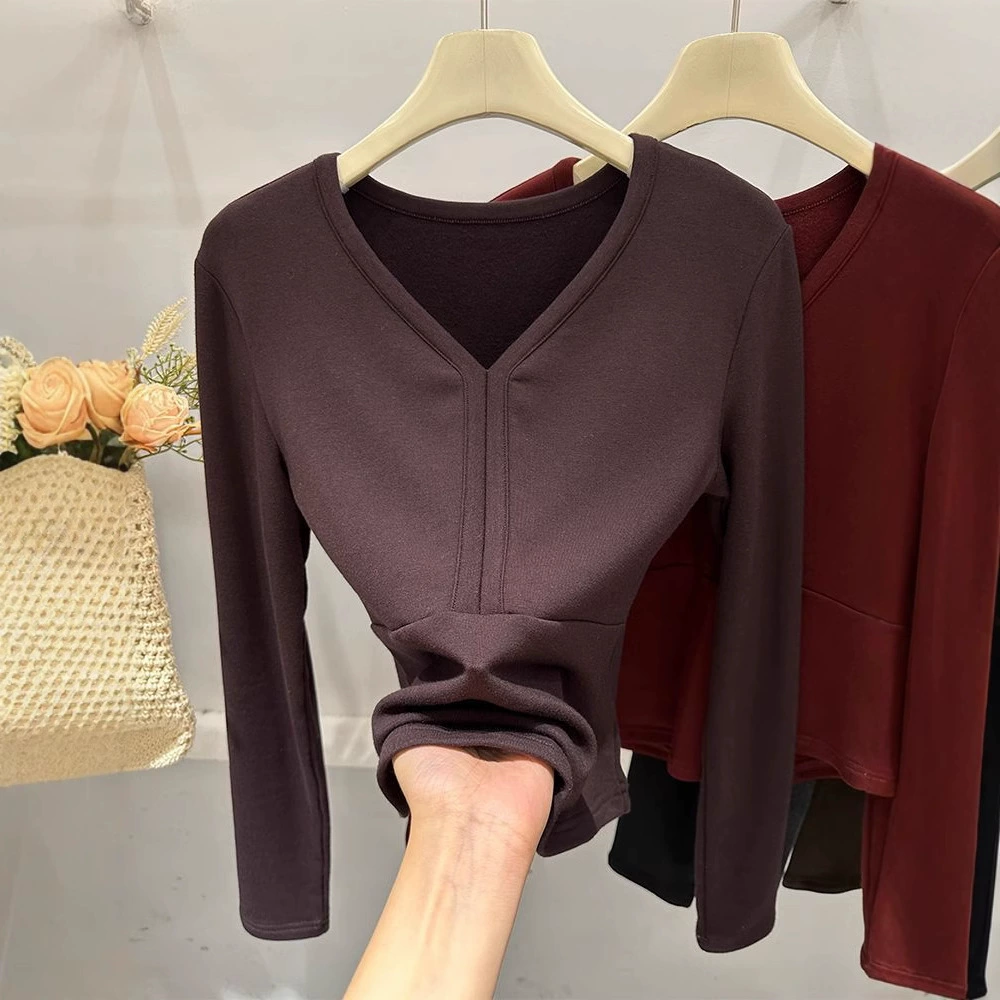 Дизайн темперамент V-образный вырез с длинными рукавами футболка женская осень-зима новая нижняя рубашка тонкая, дикая короткая эластичная топ