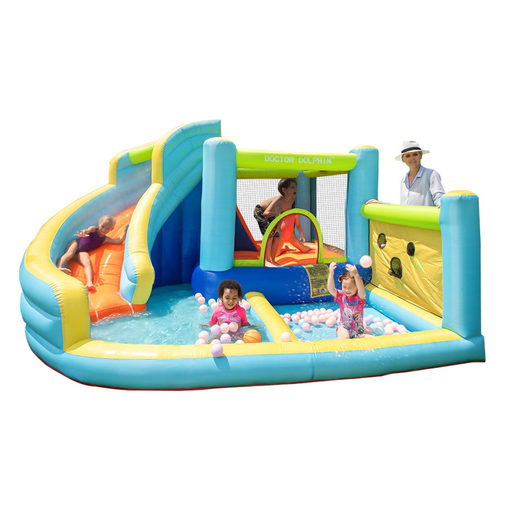 Doctor Delfín | Castillo inflable para el hogar, pequeño castillo inflable con rociador de agua para niños, tobogán inflable para interiores, trampolín acuático