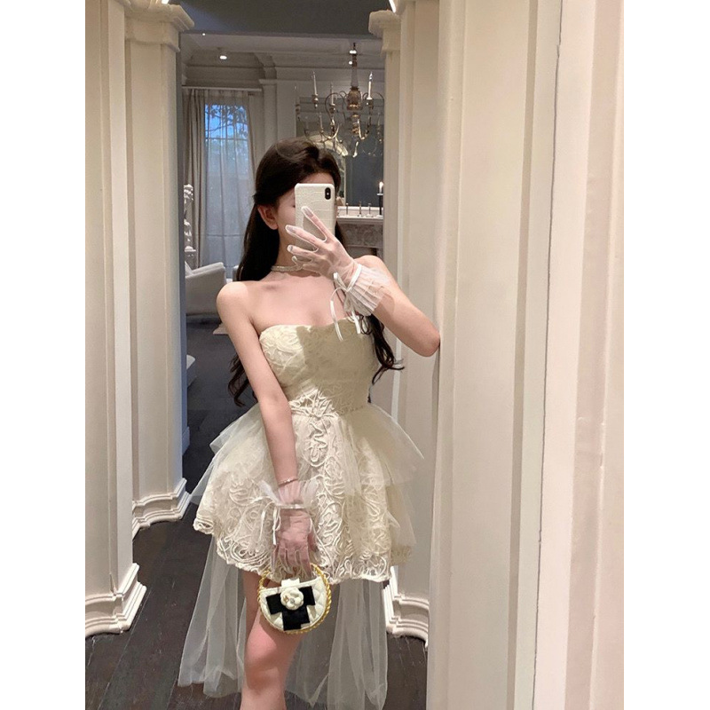 Strapless Dress with a Feminine, Light Luxury, Niche Design, Featuring a Trailing Hem, Suitable for Birthday Parties, Waist-Cinching, Slimming Princess-Style Puffy Dress