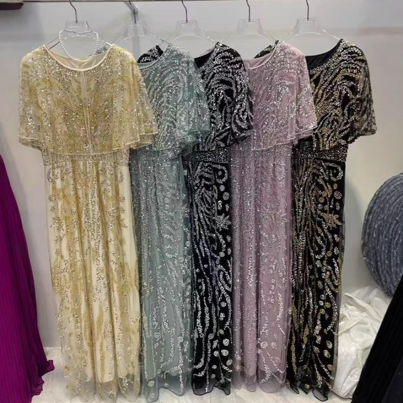 2025 new foreign trade heavy industry light luxury cape embroidery nail drill sequins dress women's high-end dress dress