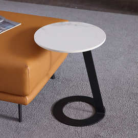 意式轻奢现代简约边几北欧阳台黑色小茶几圆形岩板大理石纹角几