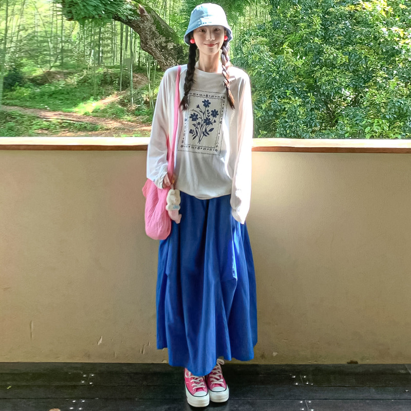Korean Style Retro Blue Irregular Umbrella Skirt for Women, Summer 2026 New Model, Loose Fit, High Waist, Slimming, Thin Long Skirt