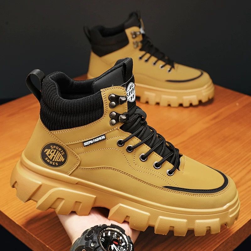 Botas de hombre de caña alta, de invierno, de cuero genuino, impermeables, con suela gruesa, estilo británico, color amarillo, botas Martin, botas cortas de senderismo para hombre.