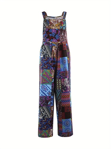 Women's Floral Print Overalls Casual Straps Jumpsuit with