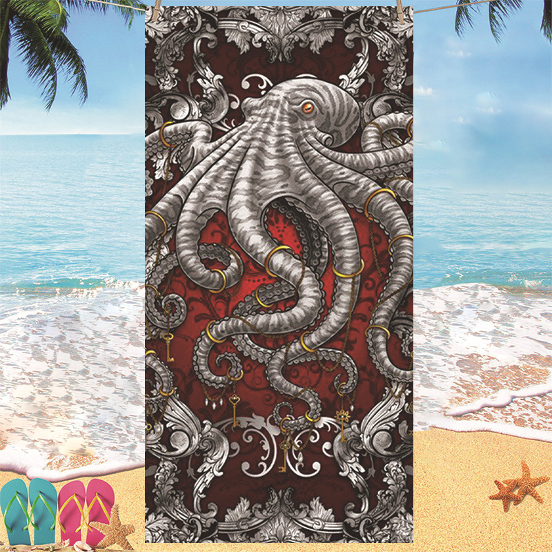 2024 European and American Octopus Rectangular Bath Towel 3D Digital Printing Swimming Beach Towel Super Absorbent, Quick-Drying and Super Soft