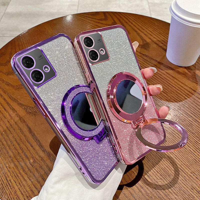 For MOTO G84 Electroplated Glitter Phone Case edge40 Mirror Magnetic Bracket E32 Drop-resistant Protective Cover G30