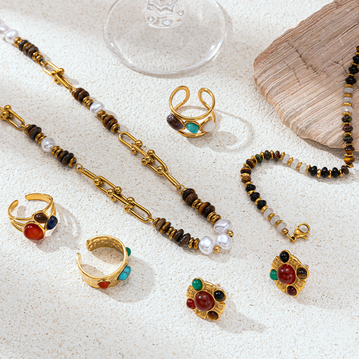 Collar de acero inoxidable de la UE y los Estados Unidos, lujo ligero, nicho universal, collar de piedra de ojo de tigre, conjunto de acero de titanio no se desvanece para mujeres