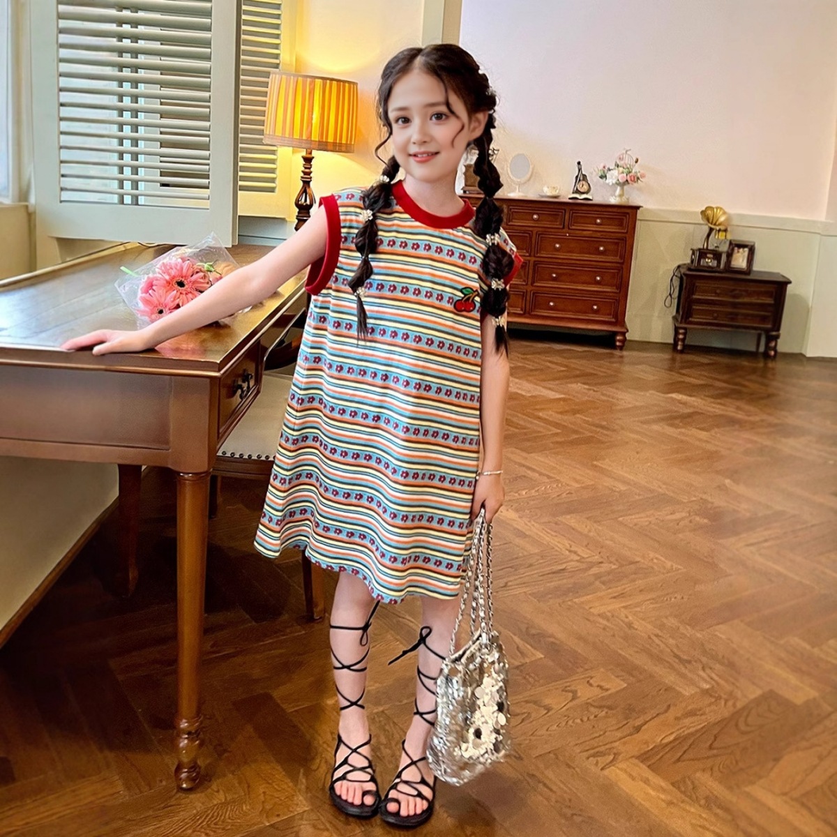 Aini Girls Summer Stripesd Retro Vest Dress New Baby Kidsren Versatile T-Shirt Dress Loose