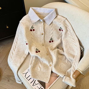 Self-retained recommend ~ fake two-piece shirt collar sweater coat women's spring and autumn new soft waxy knitted cardigan coat tide