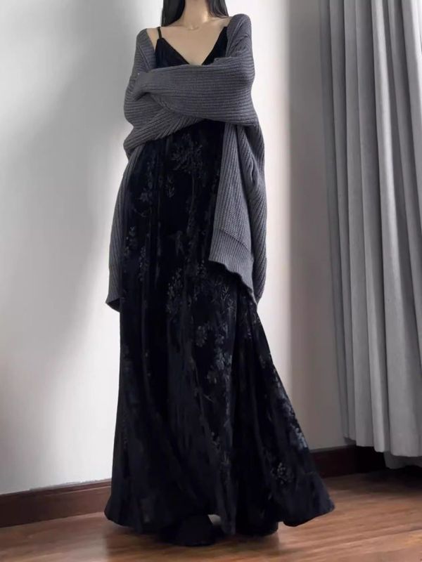 丝绒连衣裙套装女新中式国风复古印花吊带长裙禅意针织开衫两件套|undefined