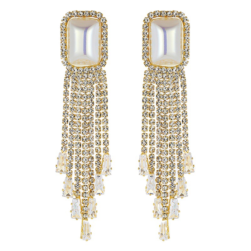 S925 aguja de plata moda diamante lleno de pendientes de borla súper flash ligero lujo de alta calidad pendientes de perlas temperamento todo-fósforo mujer