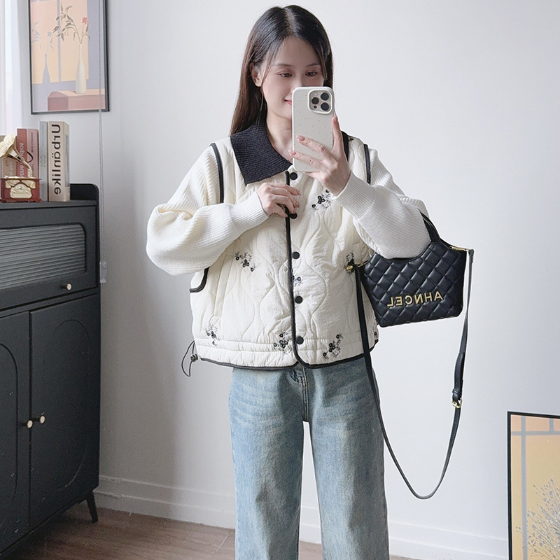 2025秋冬季新款高级感重工绣花拼接棉服毛衣外套女设计感针织开衫|undefined