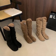 蘑糯糯同款绒面堆堆靴长筒靴女靴子2025年秋冬新季V口显瘦长靴子