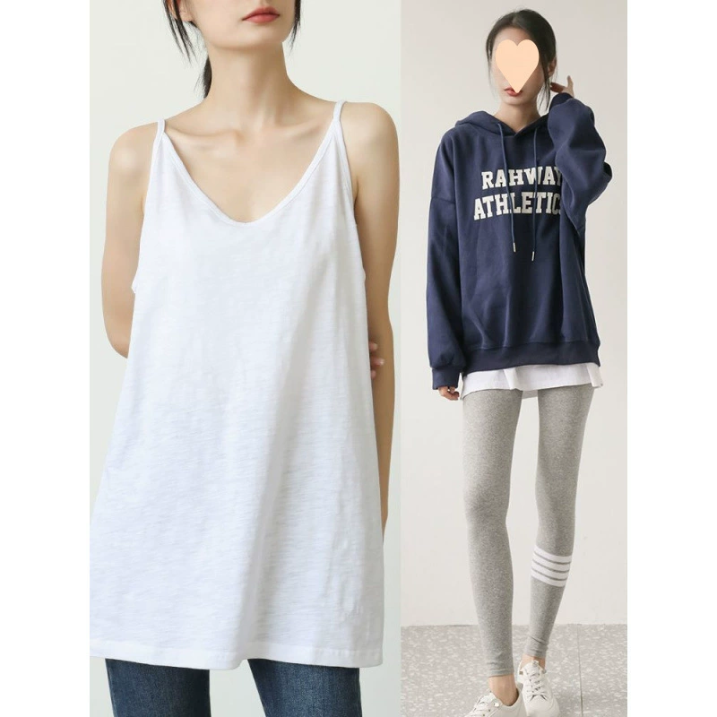 Хлопковая внутренняя рубашка средней длины для женщин, весенне-осенняя новая свободная и универсальная толстовка в иностранном стиле, нижняя майка