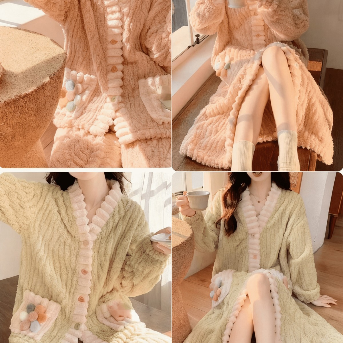 여성을위한 레인보우 카디건 잠옷 가을, 겨울 플란넬 두꺼운 따뜻한 잠옷은 집 밖에서 착용 가능 여성 산호 벨벳 슈트