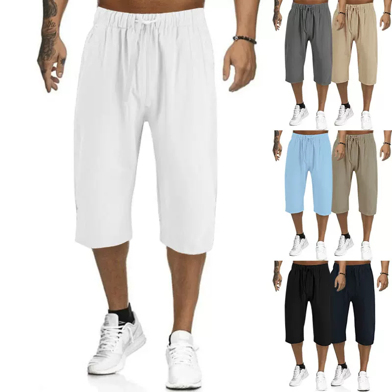 亚马逊速卖通夏季宽松纯色透气七分裤男士运动休闲透气七分短裤