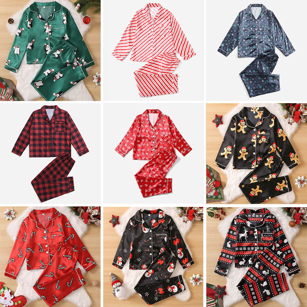 Navidad familia desgaste padre-niño desgaste Otoño e Invierno color sólido rayas satén seda artificial niños y niñas pijamas homewear traje